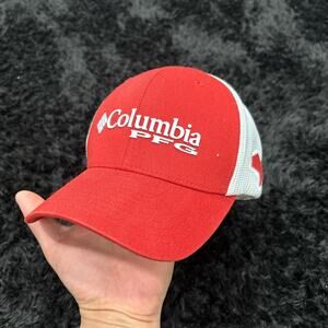 Red and white Columbia hat